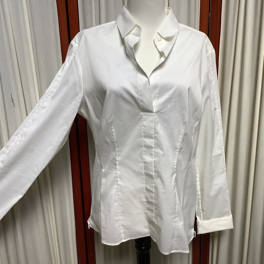 HUGO BOSS Bashina White Poplin Pullover Blouse Top Side Zipper Size 12